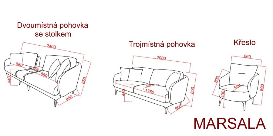 Sedací souprava marsala - šedá/bílá.

 

Kostra sedací soupravy je vyrobena z vysoce kvalitního lamina a kovu, zatímco polstrování je tvořeno z pěny.

 

Sedací souprava se skládá z těchto prvků:


	Křesla Marsala - 66x89x80cm (š, v, h)
	Dvoumístná pohovka se stolkem Marsala - 240x85x95cm (š, v, h)
	Trojmístná pohovka Marsala - 200x85x95cm (š, v, h)


 

Veškeré produkty z kolekce Marsala naleznete níže v souvisejících produktech.


Barva na fotografii se může lehce lišit oproti reálnému výrobku. Příčinou může být zobrazování barev monitoru či různé nasvícení výrobků při focení.